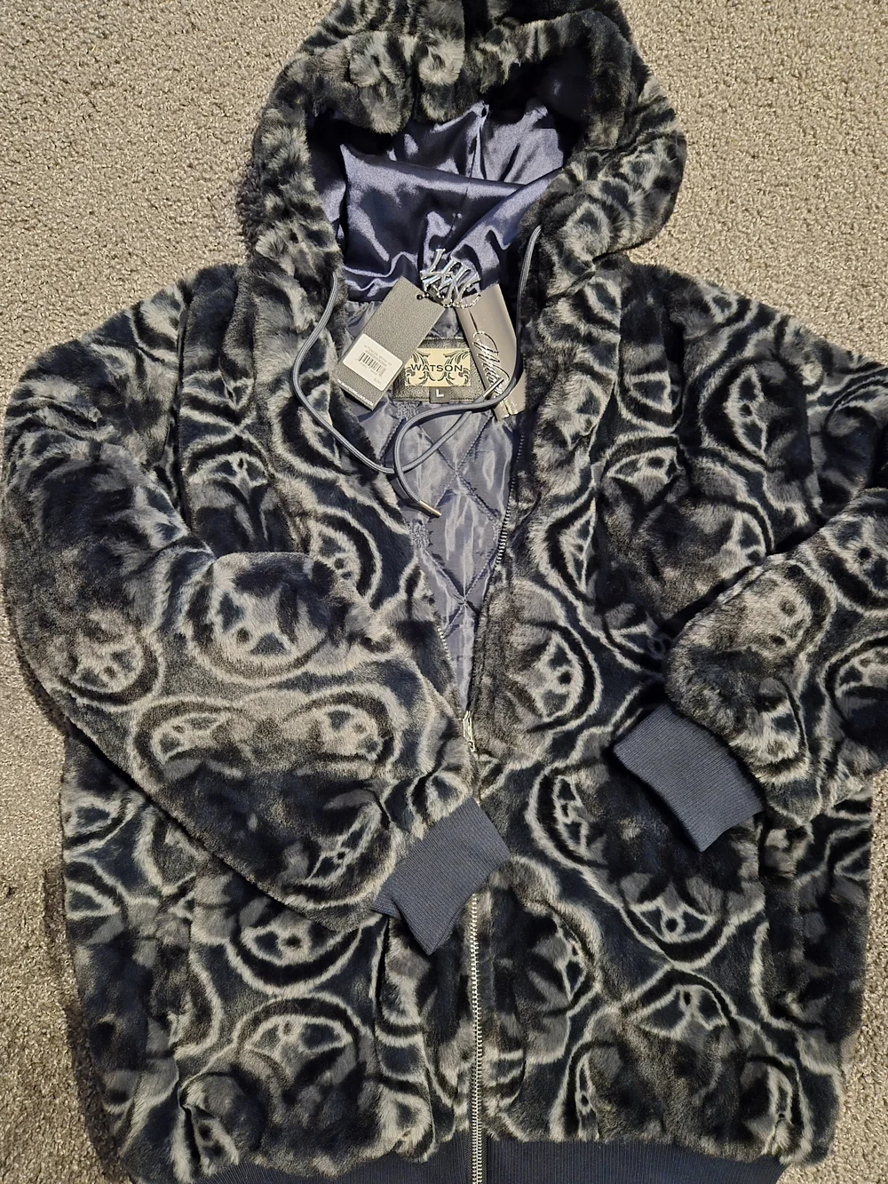 Men's Faux Fur Hooded Puffer Jacket in Charcoal Pattern